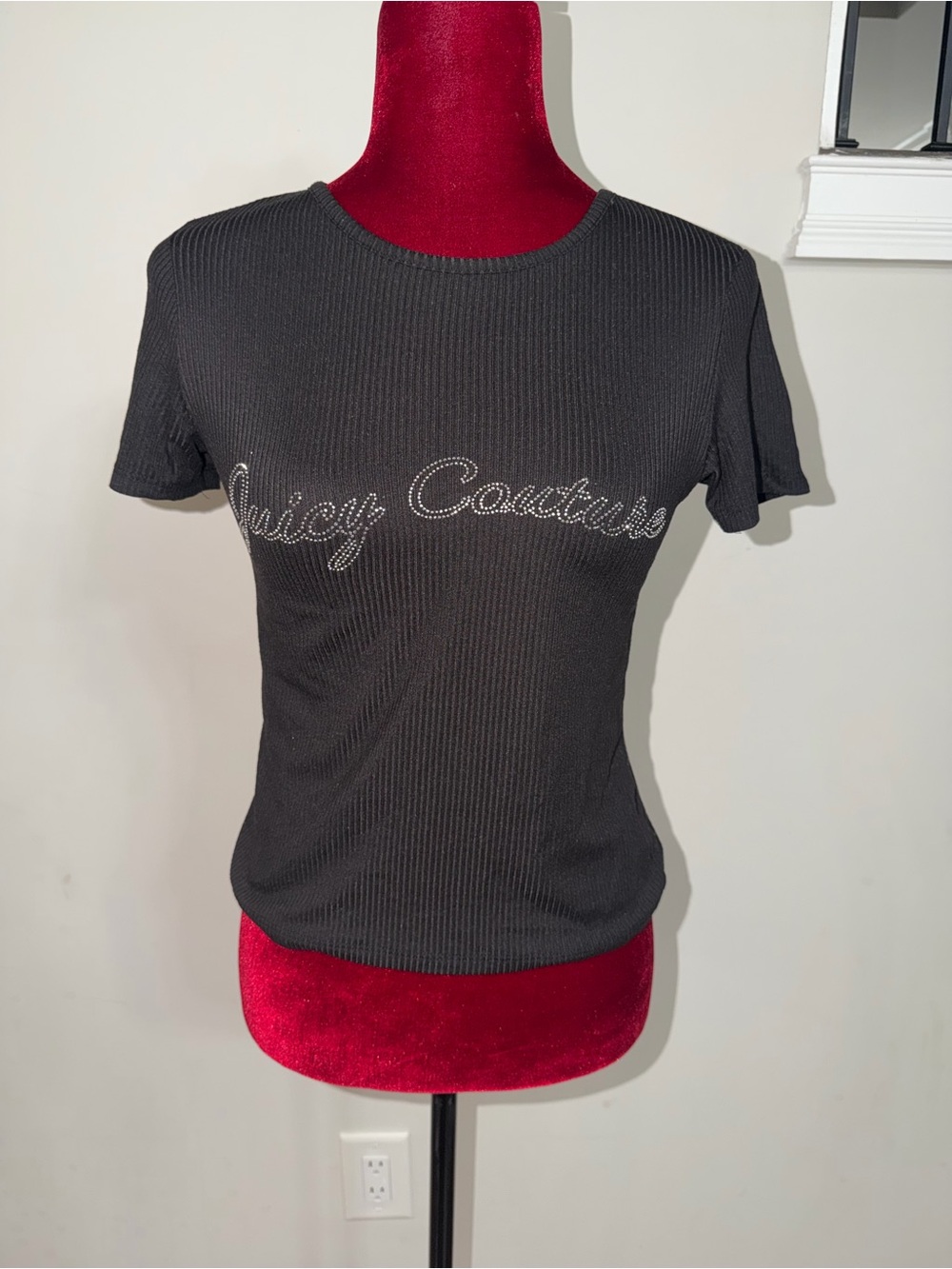 Juicy Couture Black Ribbed Tee with Rhinestone Script